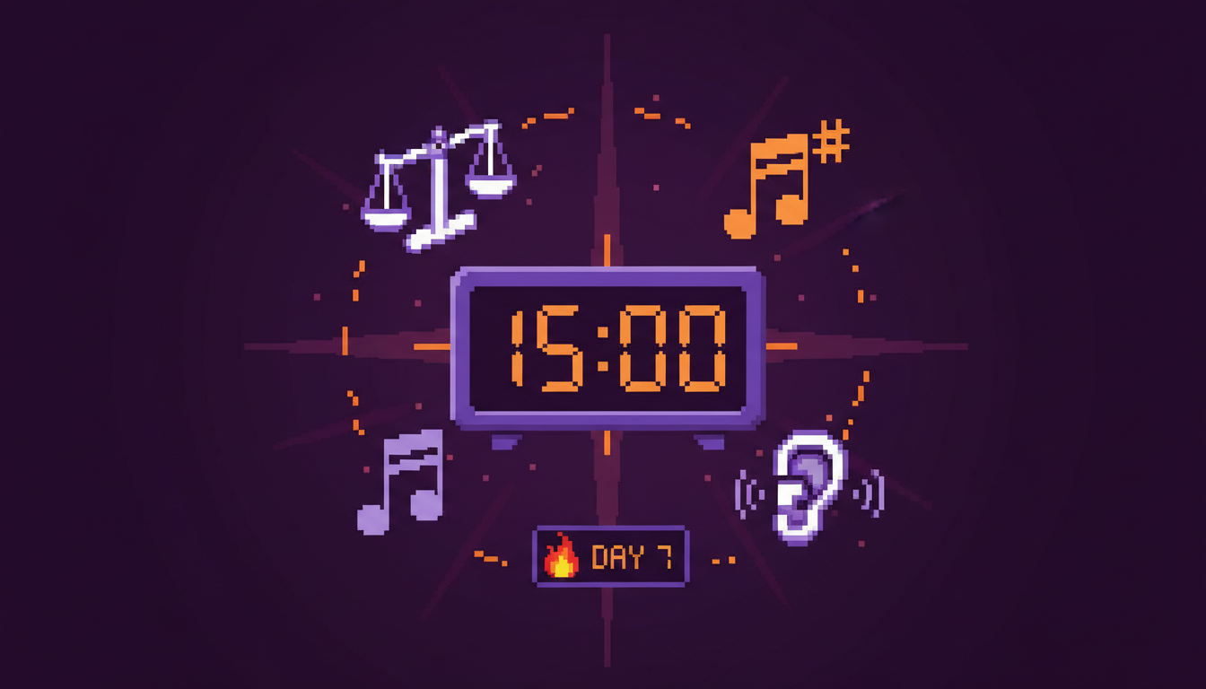 A clock next to sheet music and a piano keyboard representing a daily practice routine