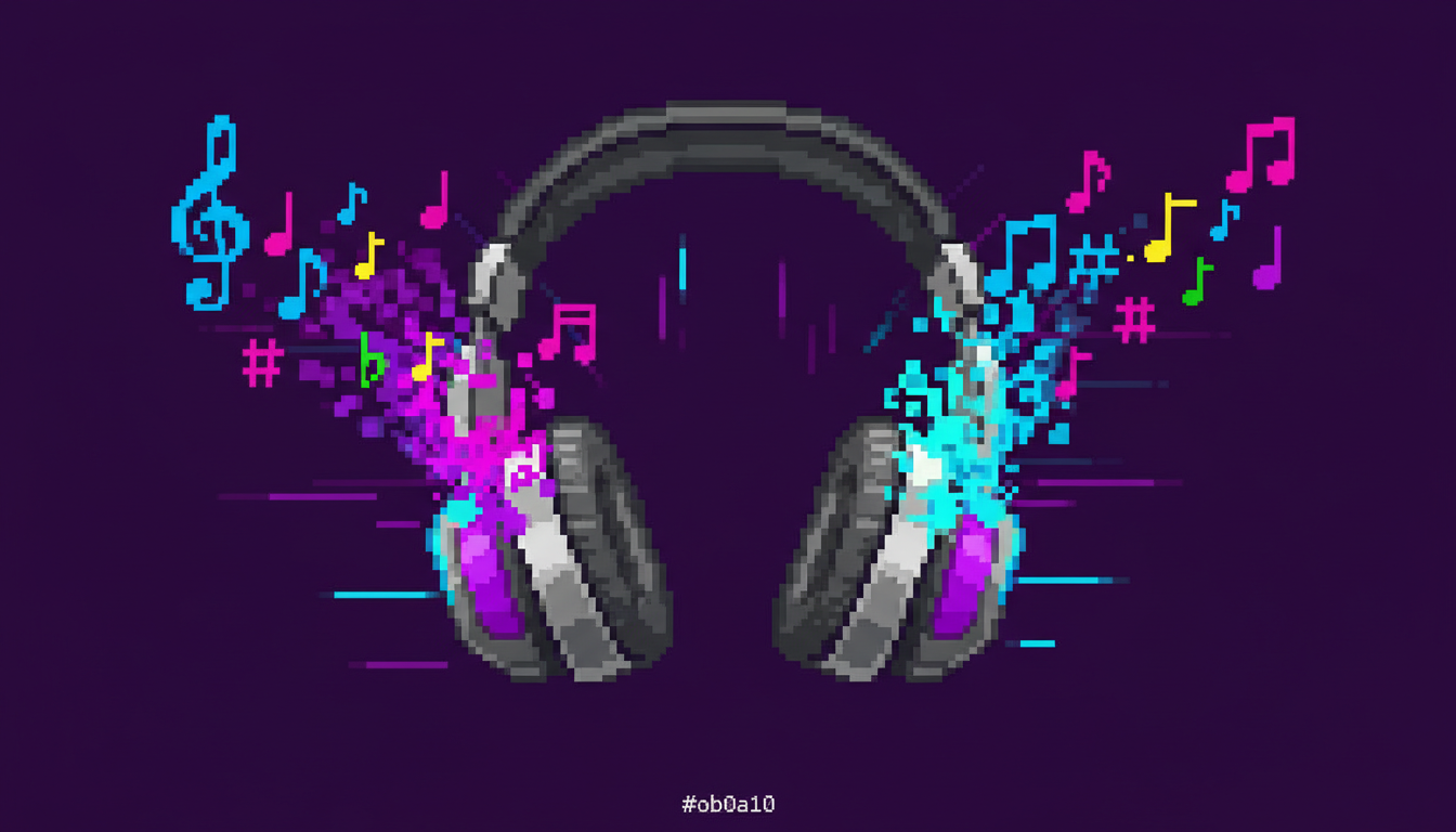 Person wearing headphones with musical notes and sound waves illustrated around them