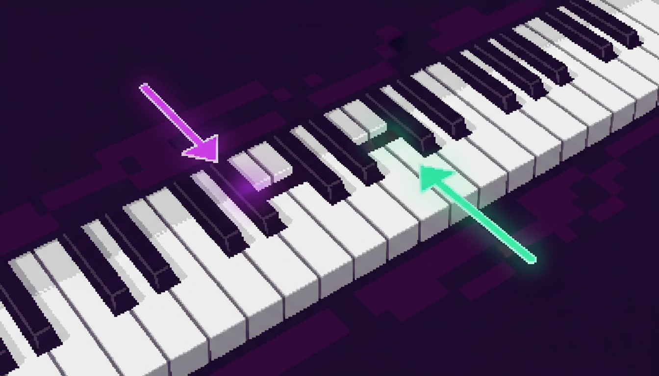 A pixel-art piano keyboard with arrows highlighting a half step between E and F and a whole step between C and D