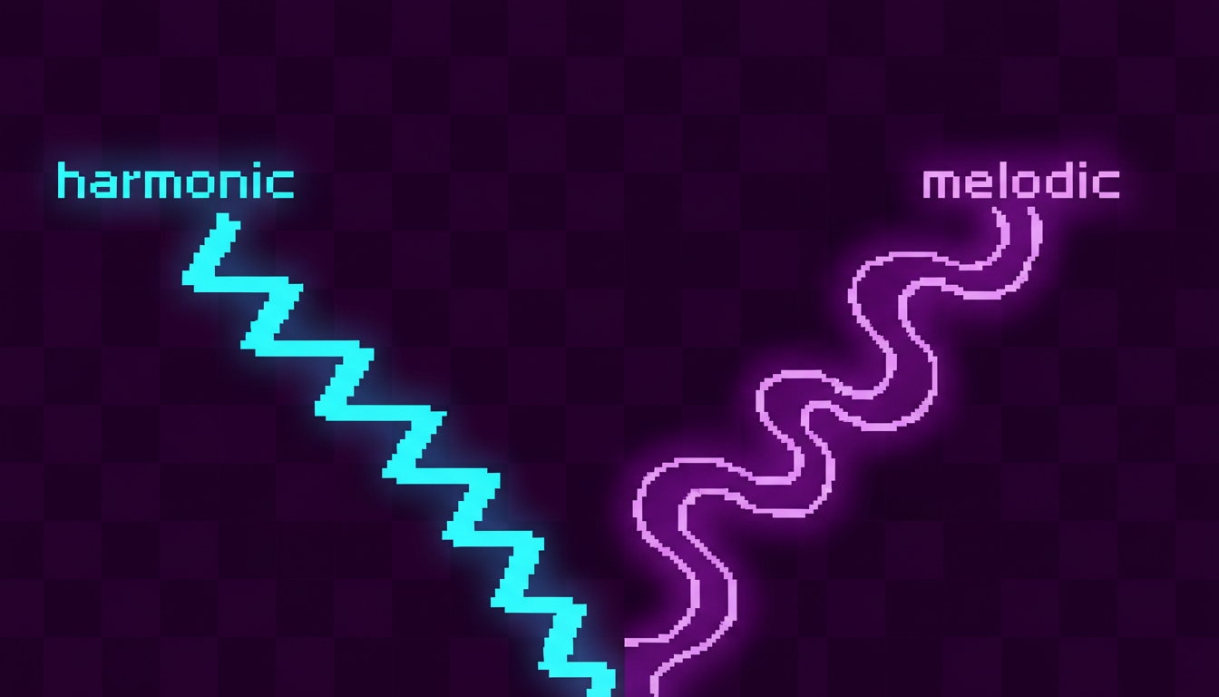 Three parallel staves showing the natural, harmonic, and melodic minor scales with their altered notes highlighted