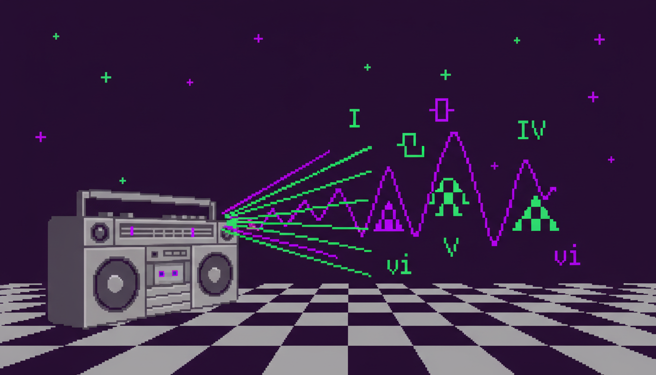 A person wearing headphones with musical notes and chord symbols floating around them