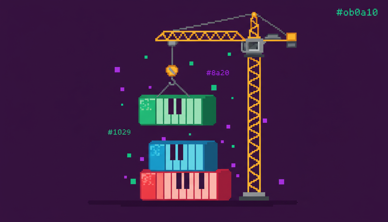 Piano keys with colored overlays showing the notes of a chord being built