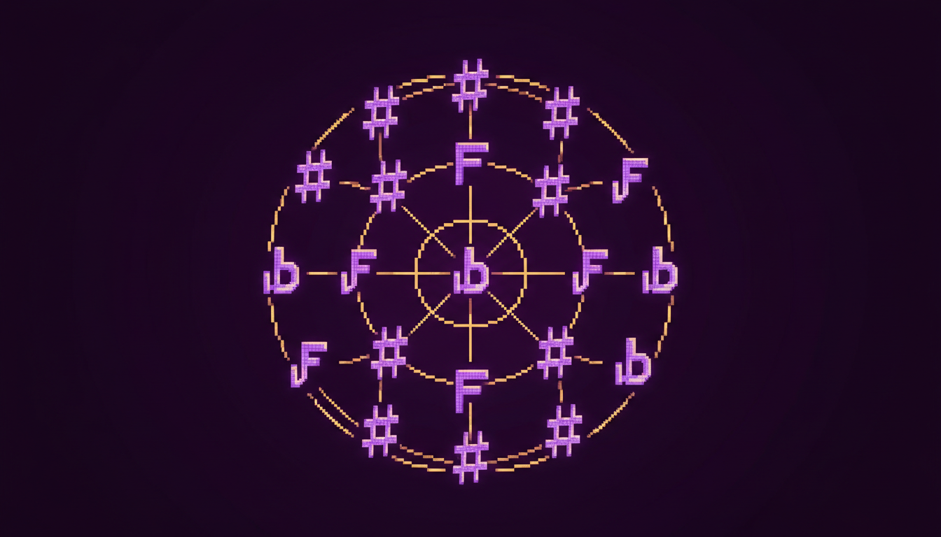Musical staff showing various key signatures with sharps and flats