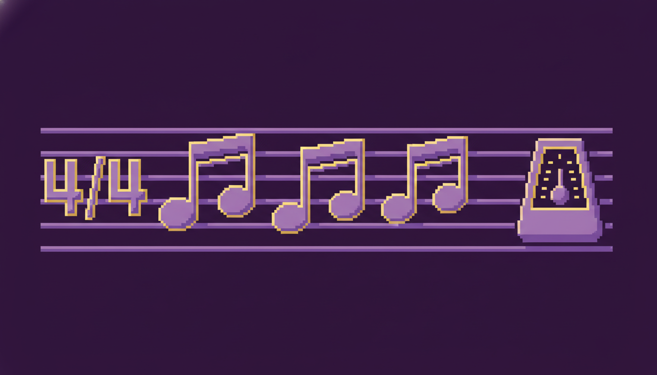A pixel-art row of musical notes showing whole, half, quarter, and eighth notes with a 4/4 time signature