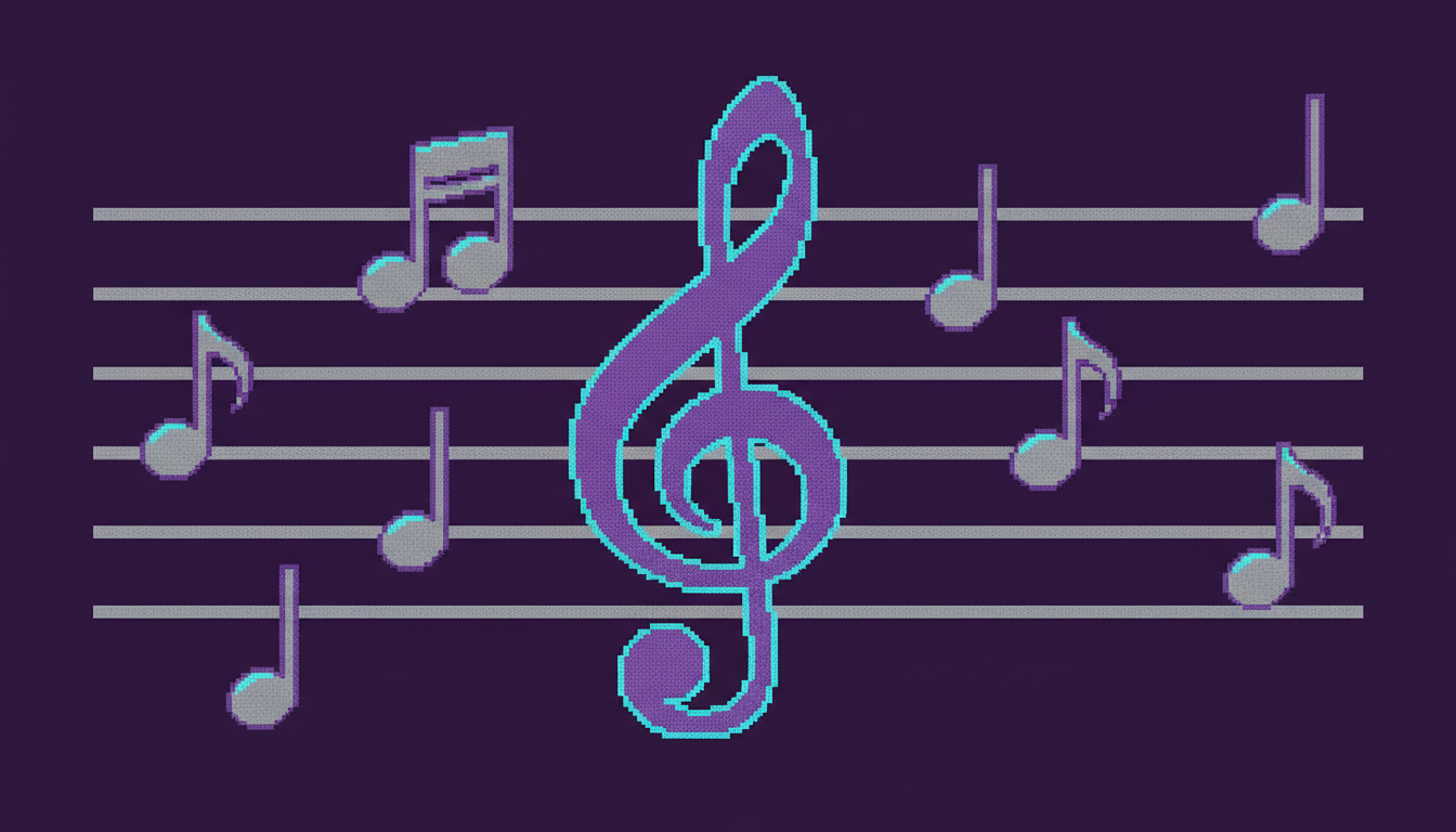 A pixel-art treble clef on a five-line staff with notes labeled across the lines and spaces