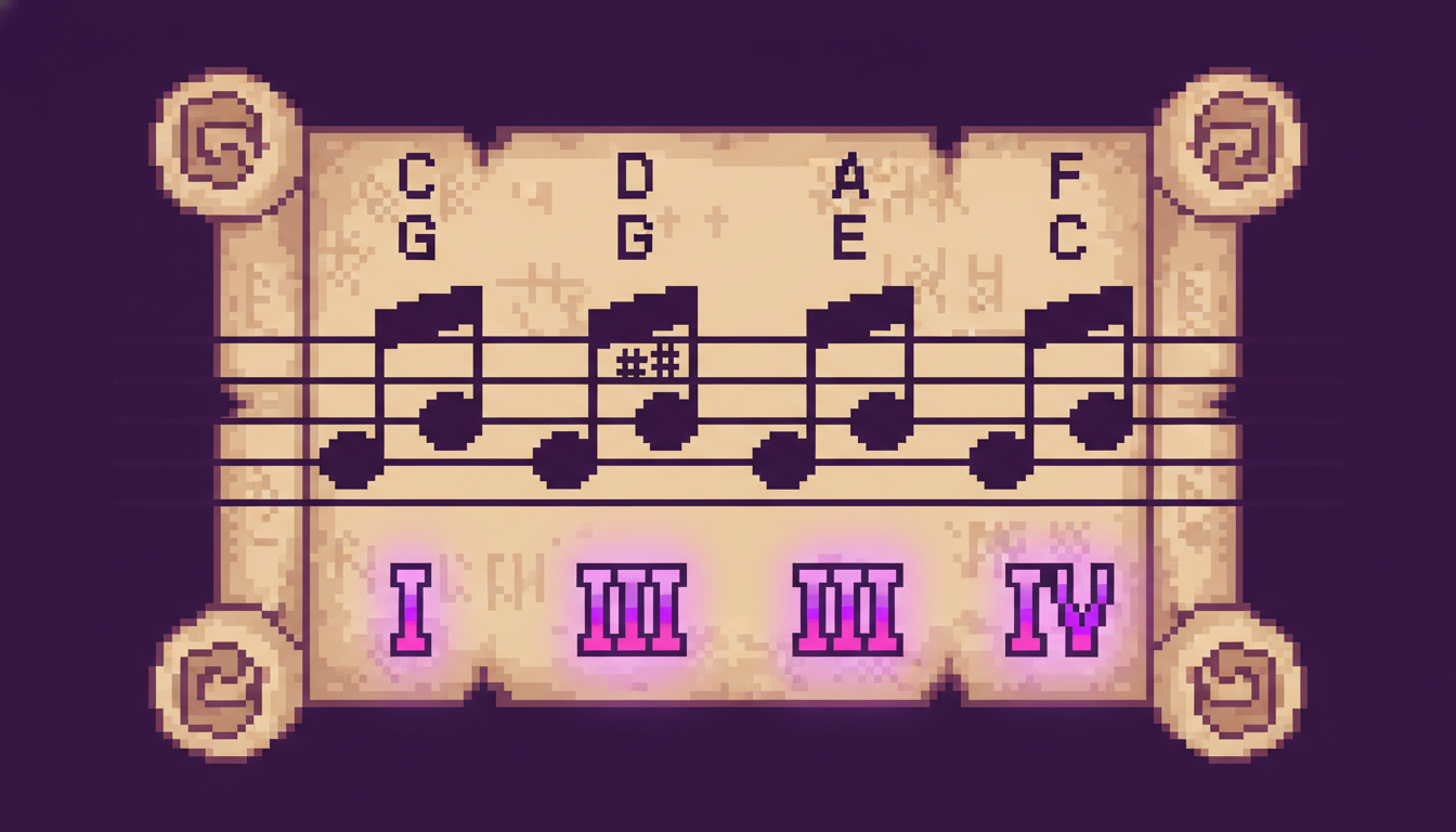 A pixel-art chord progression with Roman numerals I, IV, V, vi labeled below the staff