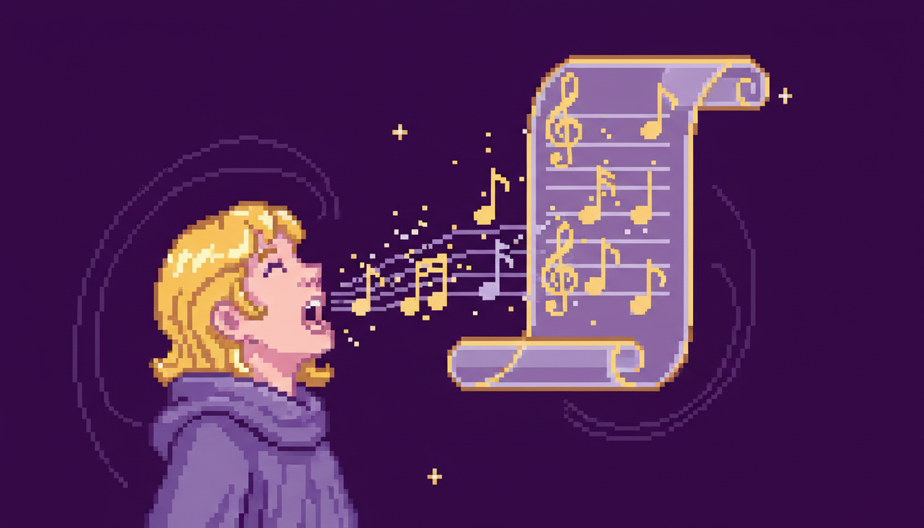 Sheet music on a stand with solfege syllables (do, re, mi) annotated next to the notes