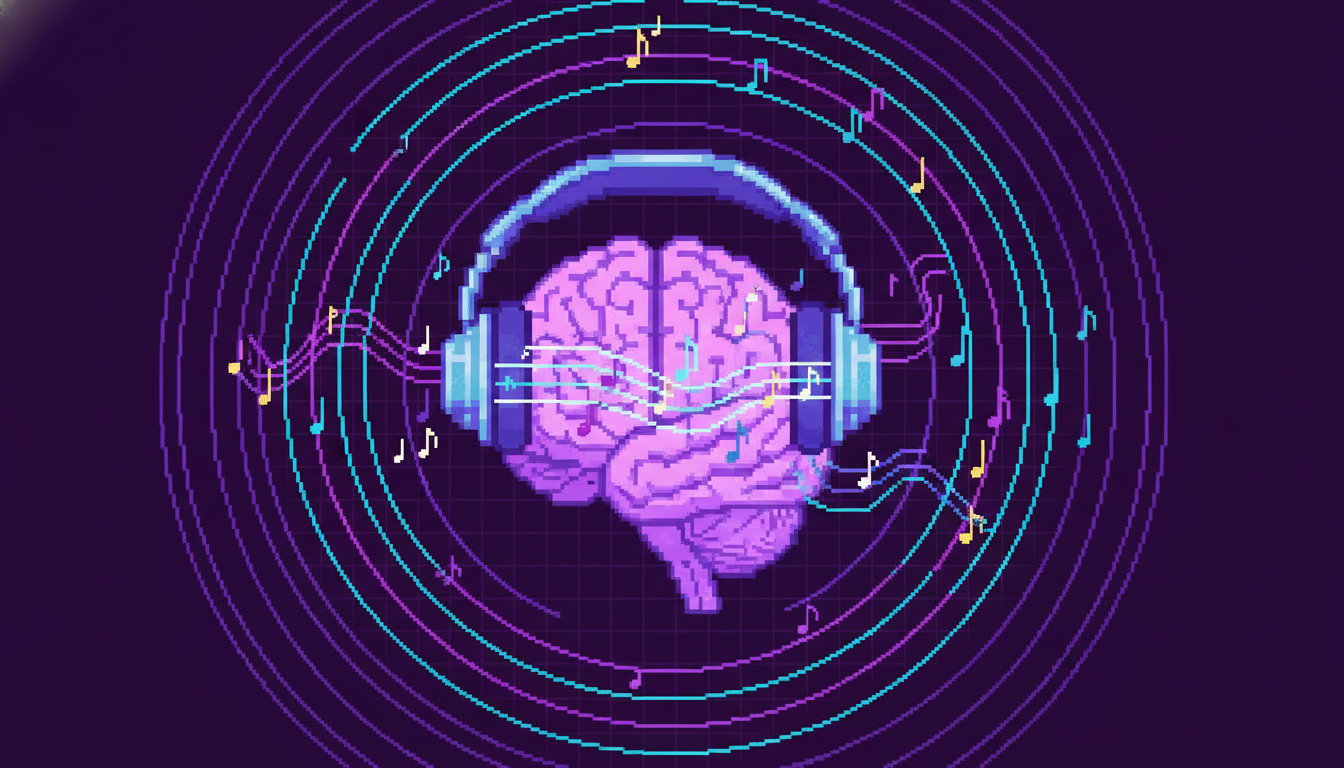 A musician with closed eyes listening intently to headphones, with musical notes floating in the air